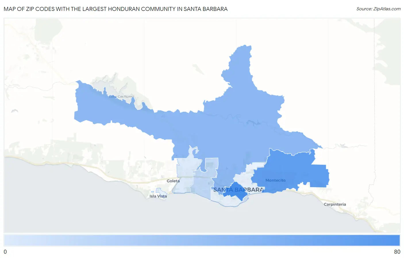 Zip Codes with the Largest Honduran Community in Santa Barbara Map
