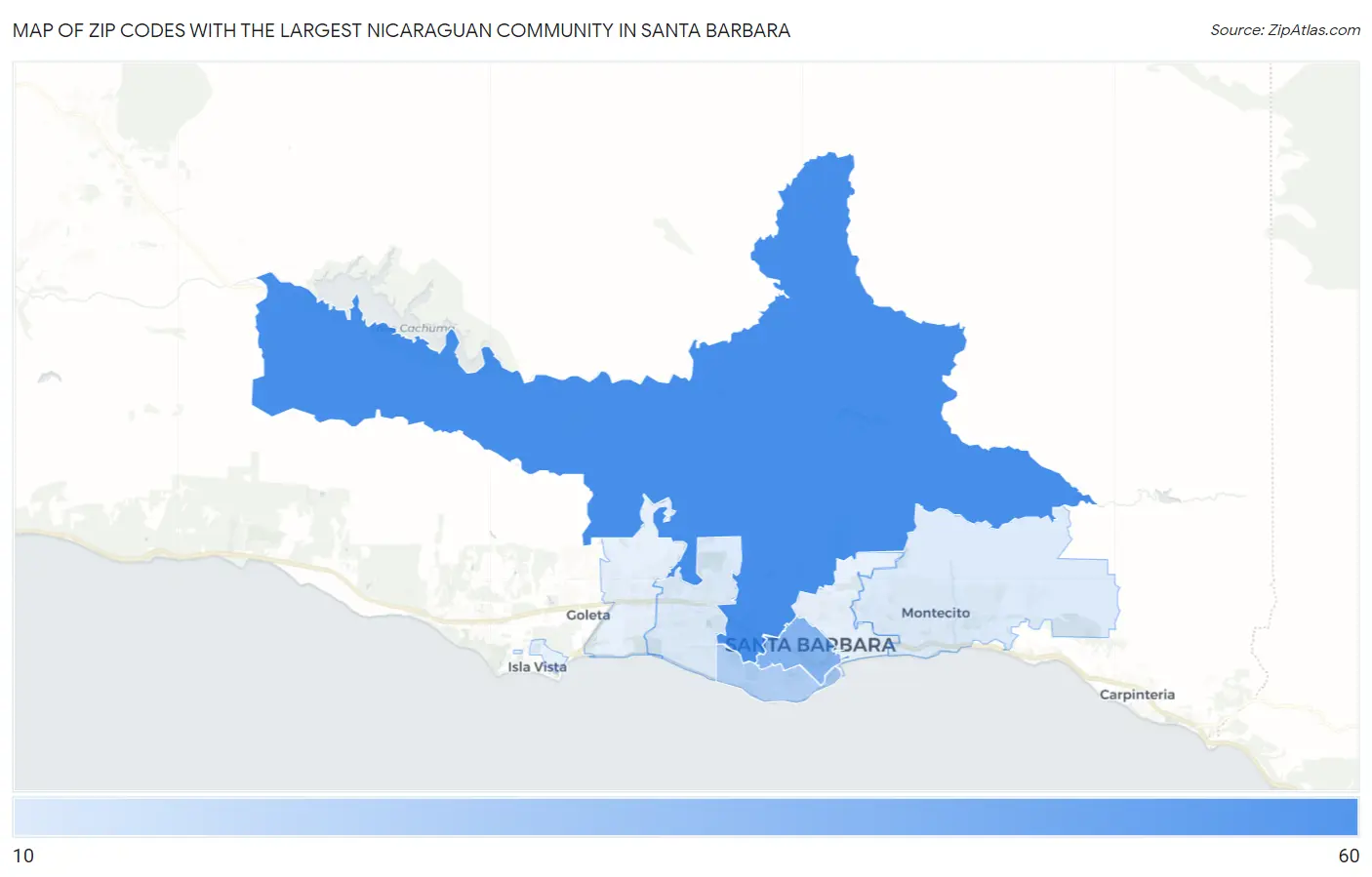 Zip Codes with the Largest Nicaraguan Community in Santa Barbara Map