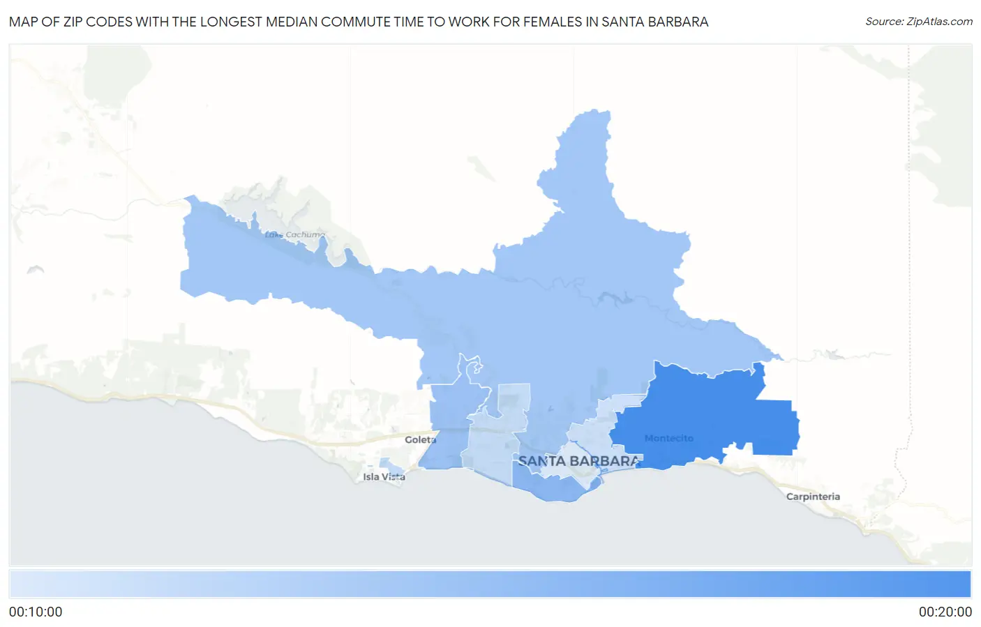 Zip Codes with the Longest Median Commute Time to Work for Females in Santa Barbara Map