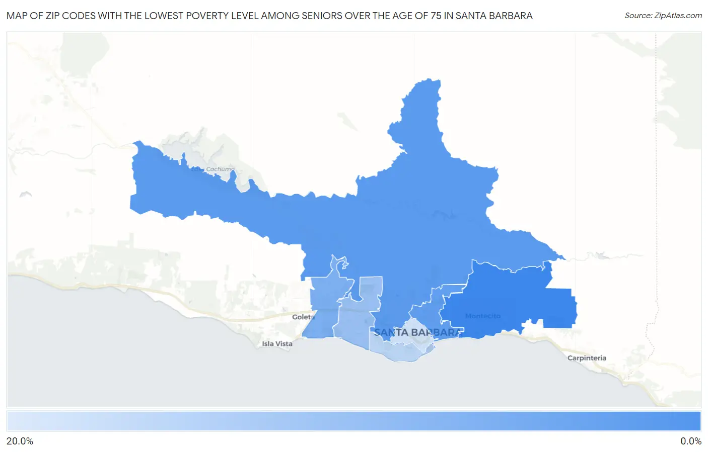 Zip Codes with the Lowest Poverty Level Among Seniors Over the Age of 75 in Santa Barbara Map
