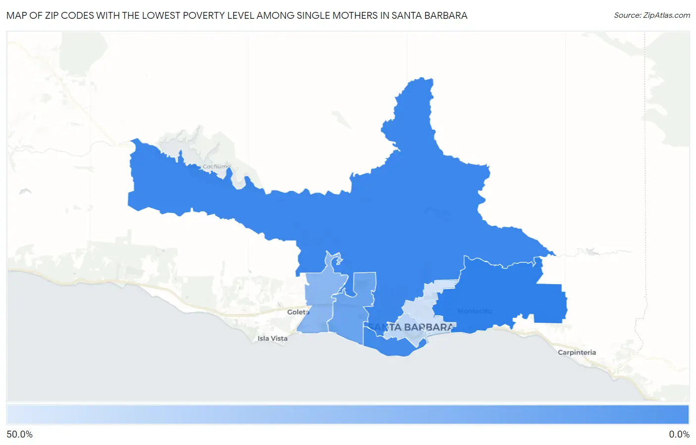 Zip Codes with the Lowest Poverty Level Among Single Mothers in Santa Barbara Map