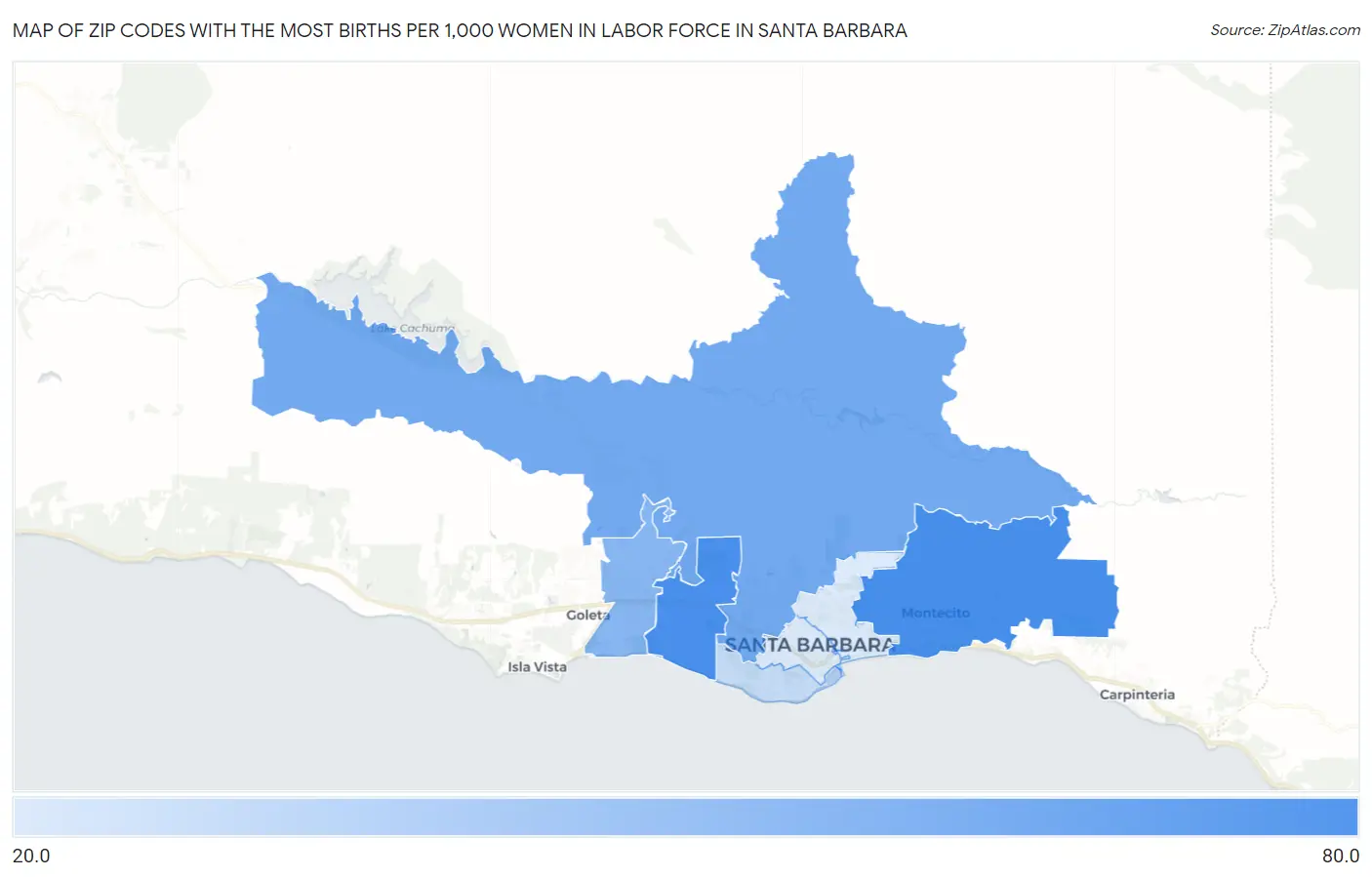 Zip Codes with the Most Births per 1,000 Women in Labor Force in Santa Barbara Map