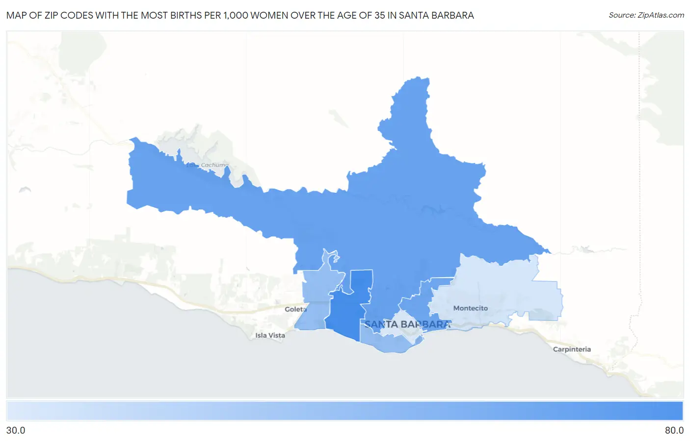 Zip Codes with the Most Births per 1,000 Women Over the Age of 35 in Santa Barbara Map