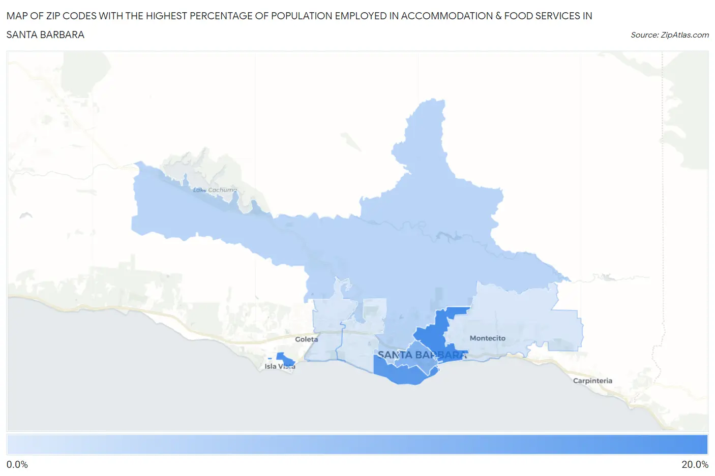Zip Codes with the Highest Percentage of Population Employed in Accommodation & Food Services in Santa Barbara Map