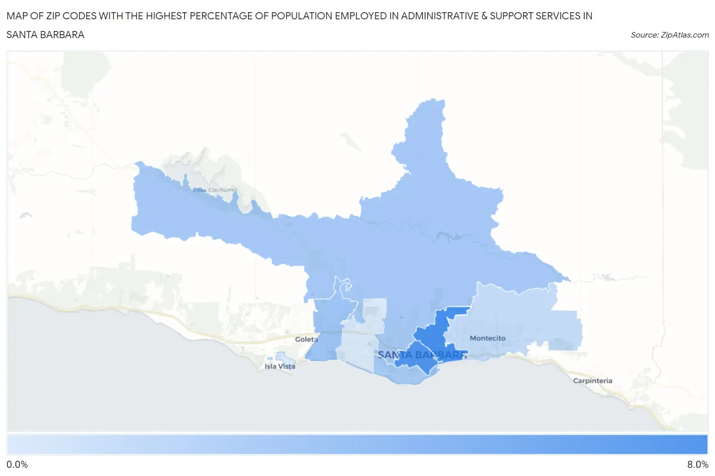 Zip Codes with the Highest Percentage of Population Employed in Administrative & Support Services in Santa Barbara Map