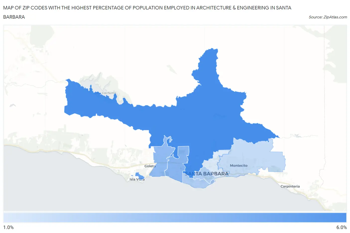 Zip Codes with the Highest Percentage of Population Employed in Architecture & Engineering in Santa Barbara Map