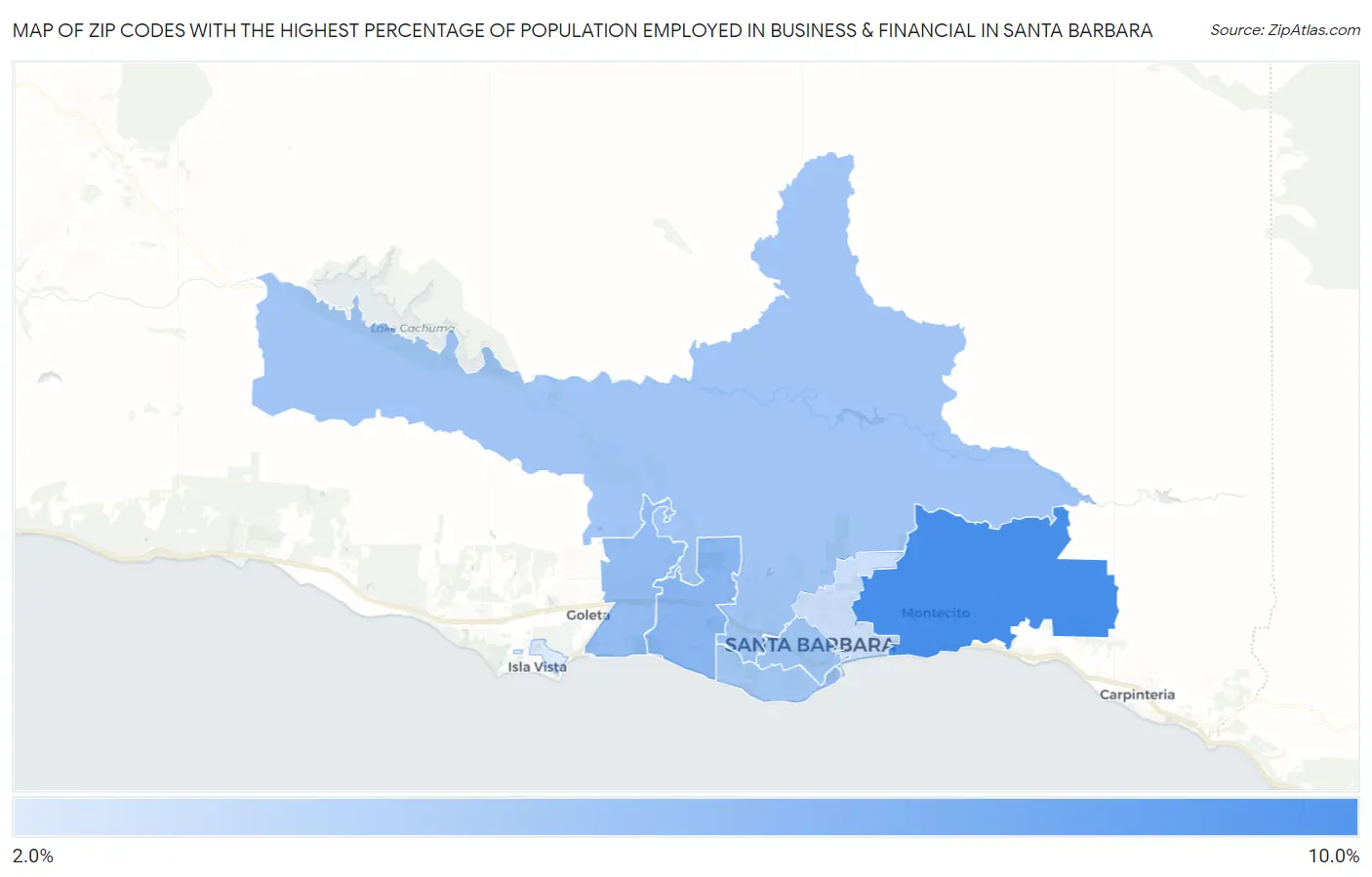 Zip Codes with the Highest Percentage of Population Employed in Business & Financial in Santa Barbara Map