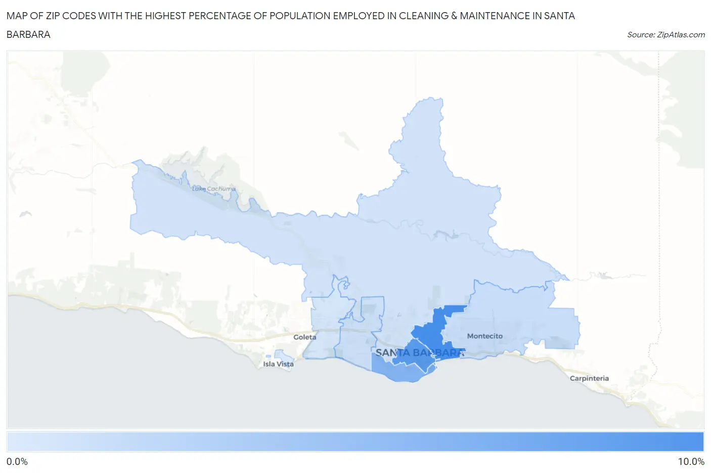 Zip Codes with the Highest Percentage of Population Employed in Cleaning & Maintenance in Santa Barbara Map