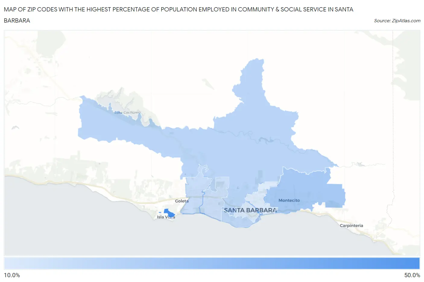 Zip Codes with the Highest Percentage of Population Employed in Community & Social Service  in Santa Barbara Map