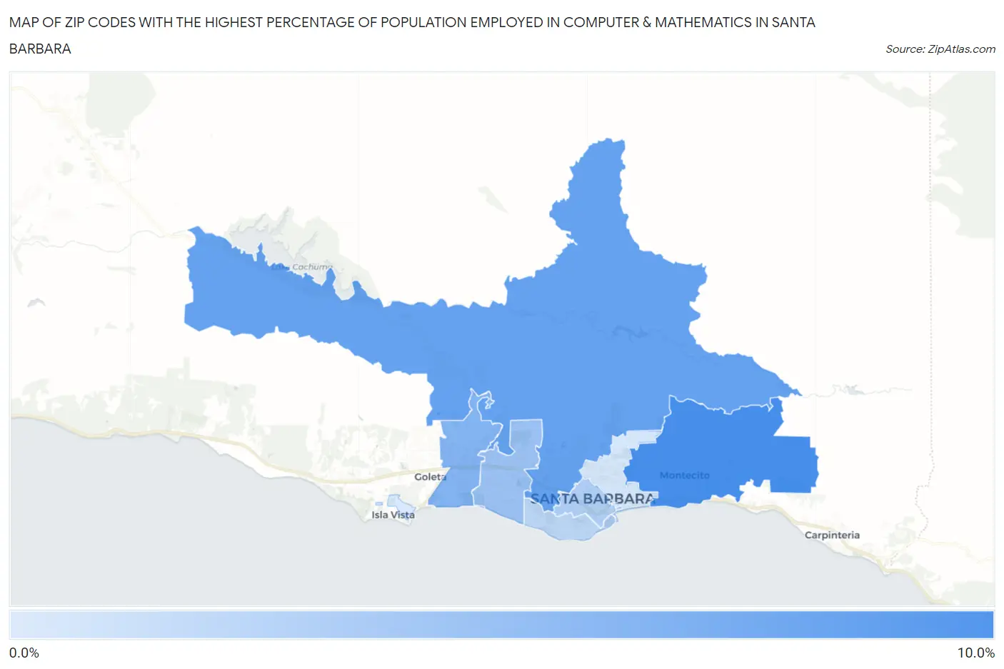 Zip Codes with the Highest Percentage of Population Employed in Computer & Mathematics in Santa Barbara Map