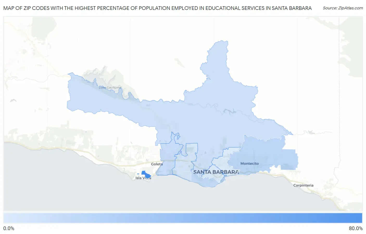 Zip Codes with the Highest Percentage of Population Employed in Educational Services in Santa Barbara Map