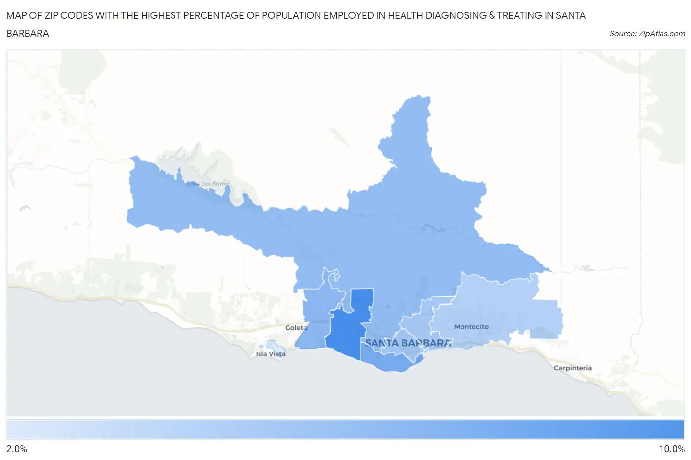 Zip Codes with the Highest Percentage of Population Employed in Health Diagnosing & Treating in Santa Barbara Map
