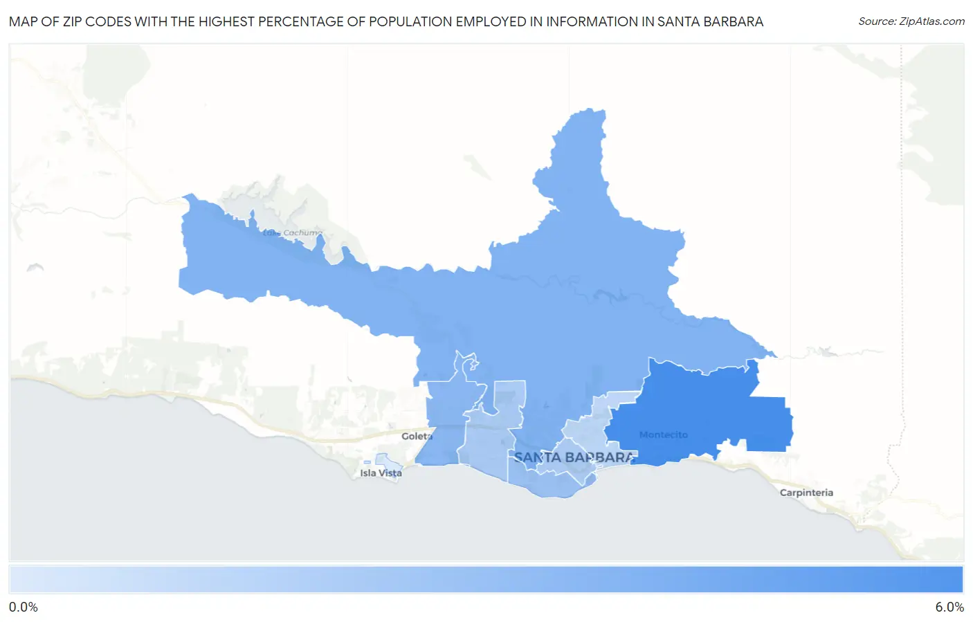 Zip Codes with the Highest Percentage of Population Employed in Information in Santa Barbara Map