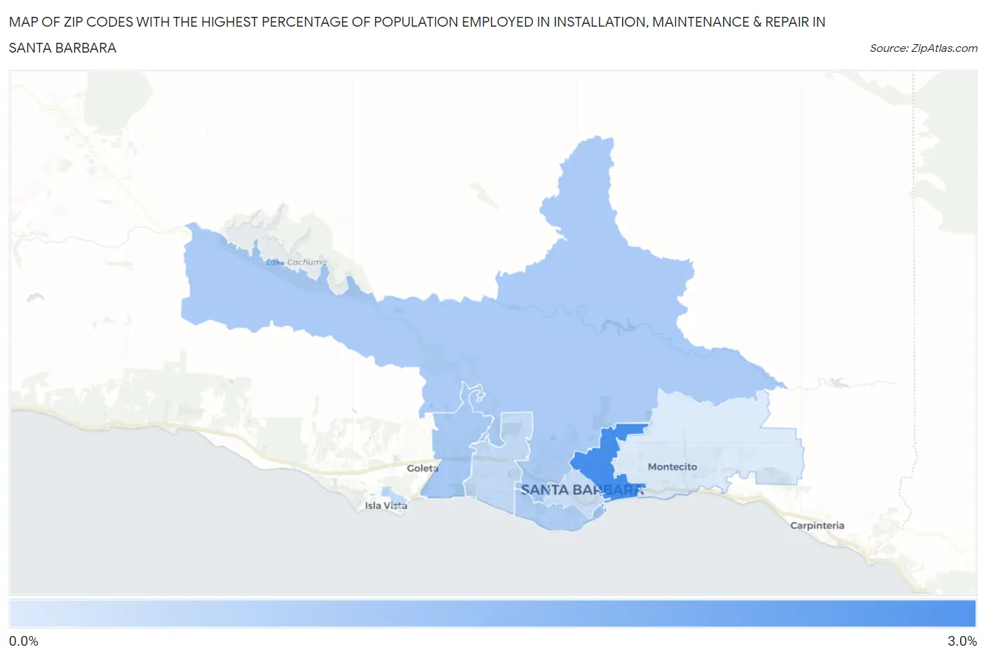 Zip Codes with the Highest Percentage of Population Employed in Installation, Maintenance & Repair in Santa Barbara Map