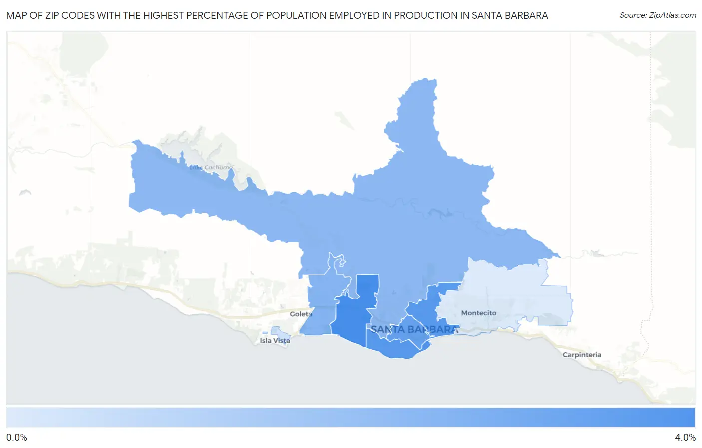 Zip Codes with the Highest Percentage of Population Employed in Production in Santa Barbara Map