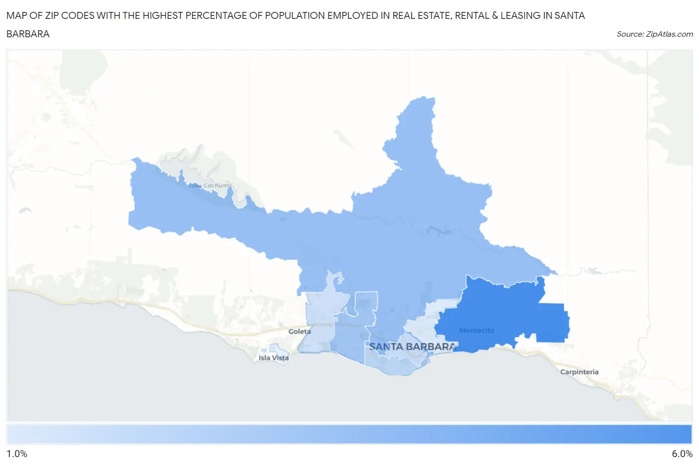 Zip Codes with the Highest Percentage of Population Employed in Real Estate, Rental & Leasing in Santa Barbara Map