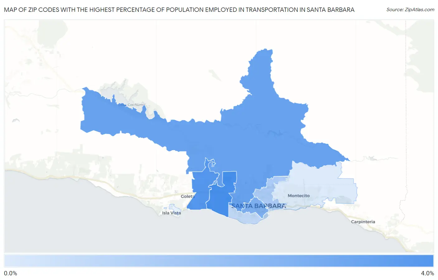 Zip Codes with the Highest Percentage of Population Employed in Transportation in Santa Barbara Map
