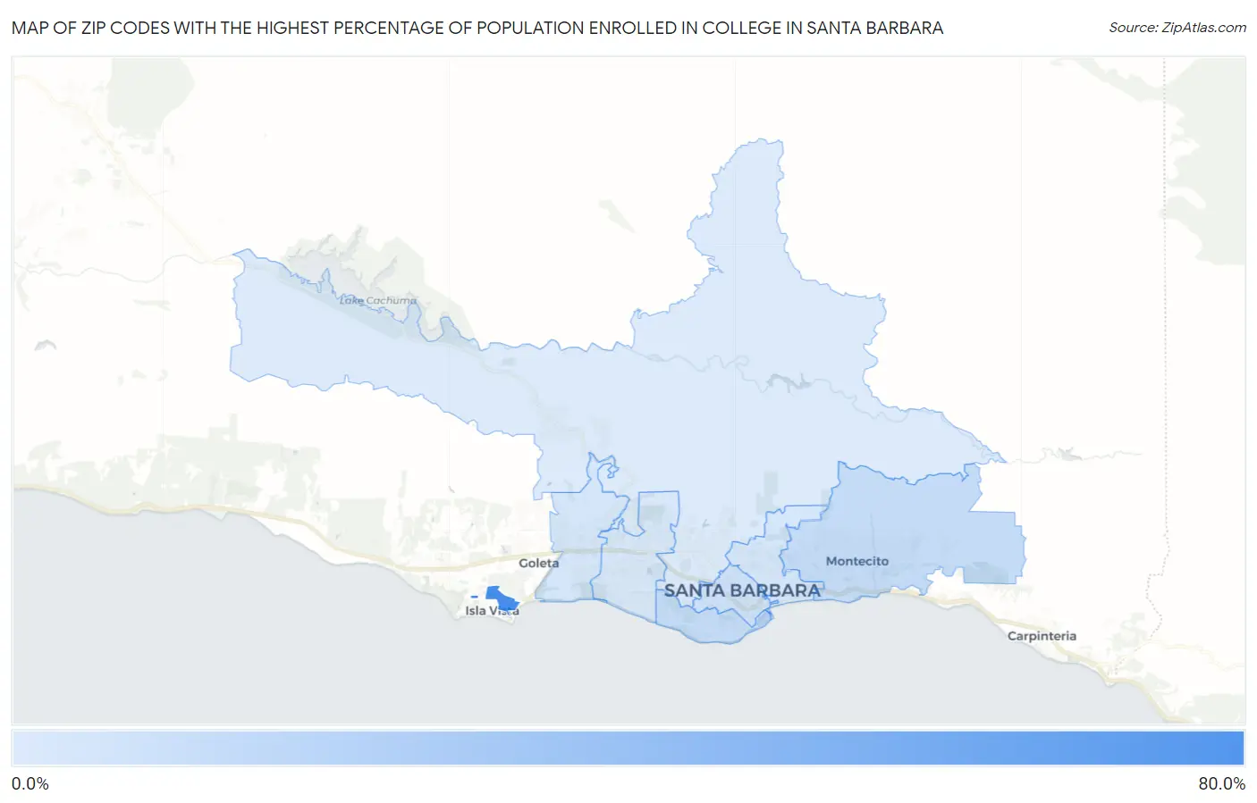 Zip Codes with the Highest Percentage of Population Enrolled in College in Santa Barbara Map