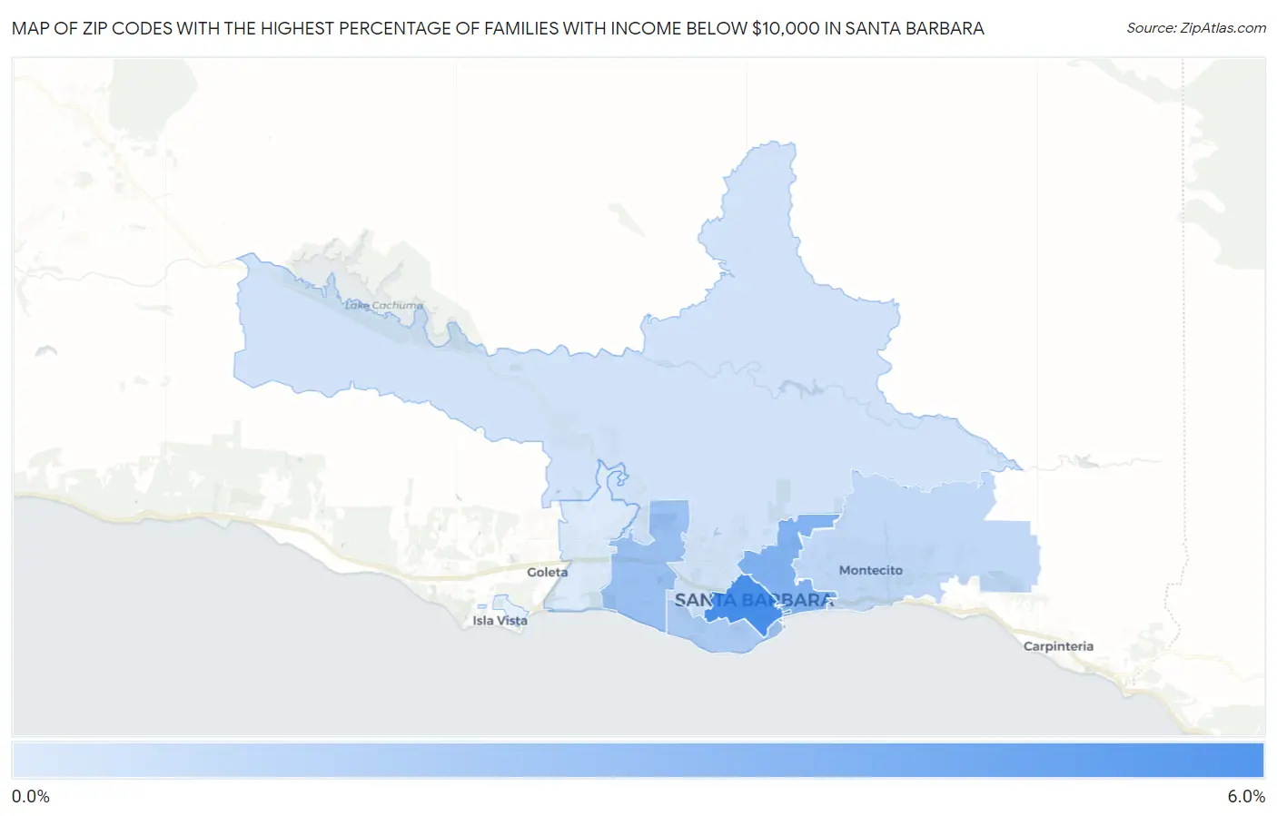 Zip Codes with the Highest Percentage of Families with Income Below $10,000 in Santa Barbara Map