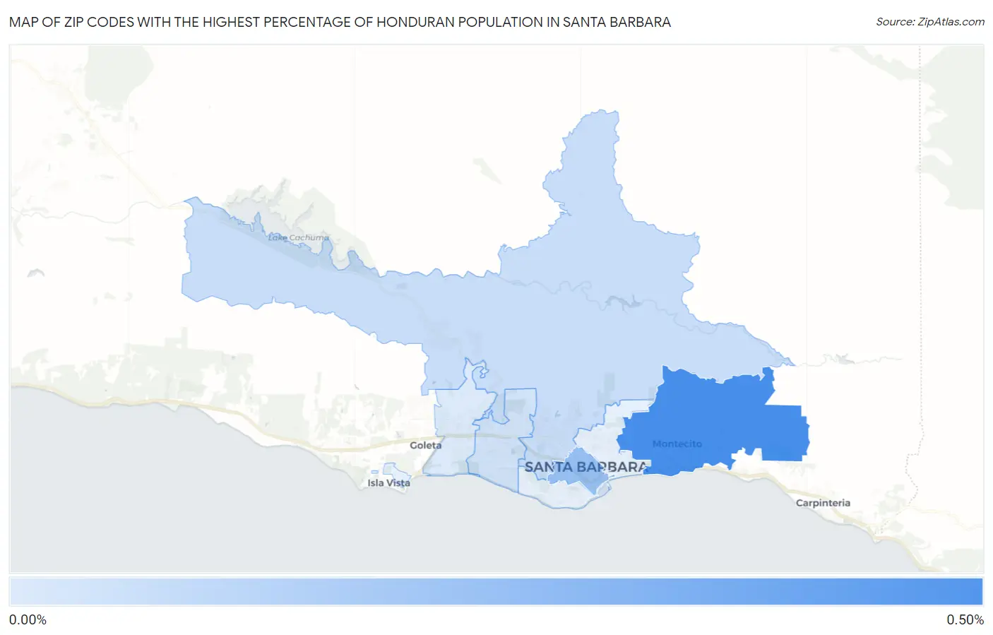 Zip Codes with the Highest Percentage of Honduran Population in Santa Barbara Map