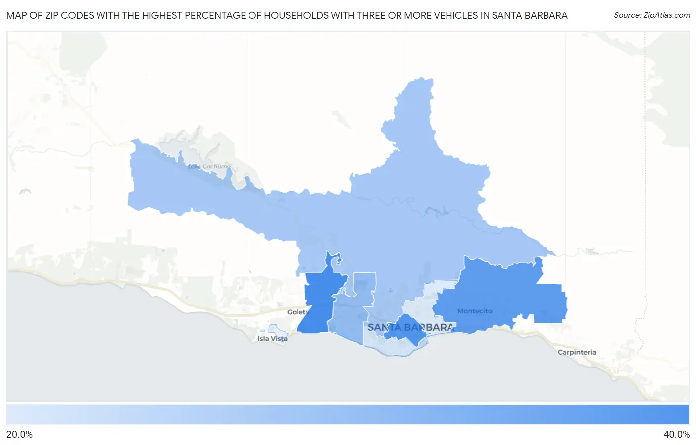 Zip Codes with the Highest Percentage of Households With Three or more Vehicles in Santa Barbara Map