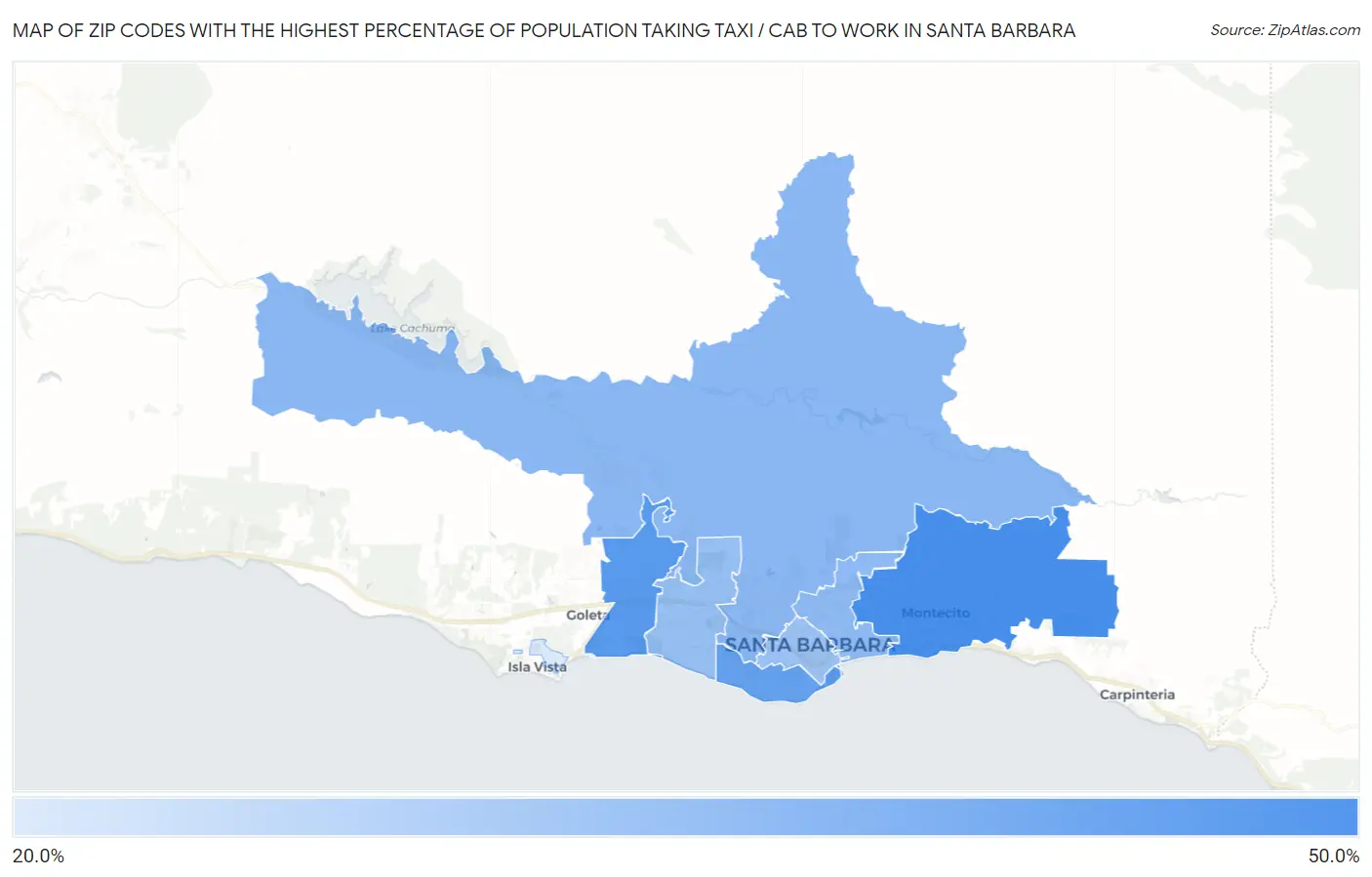 Zip Codes with the Highest Percentage of Population Taking Taxi / Cab to Work in Santa Barbara Map