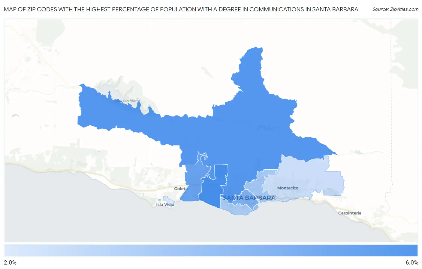 Zip Codes with the Highest Percentage of Population with a Degree in Communications in Santa Barbara Map