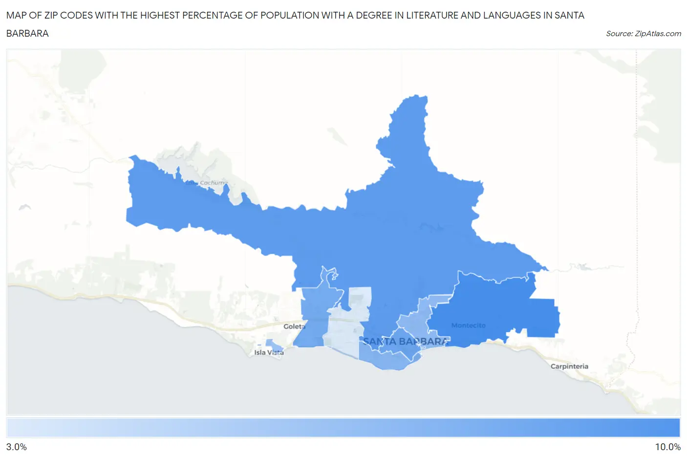 Zip Codes with the Highest Percentage of Population with a Degree in Literature and Languages in Santa Barbara Map