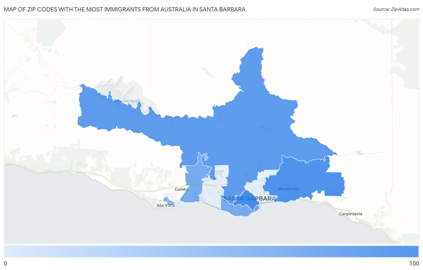 Zip Codes with the Most Immigrants from Australia in Santa Barbara Map