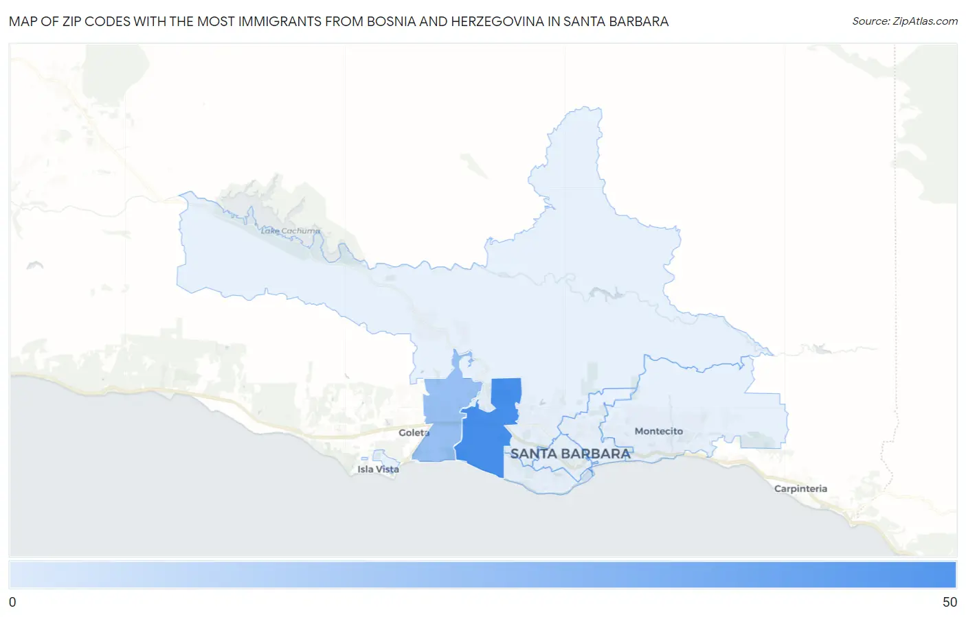 Zip Codes with the Most Immigrants from Bosnia and Herzegovina in Santa Barbara Map
