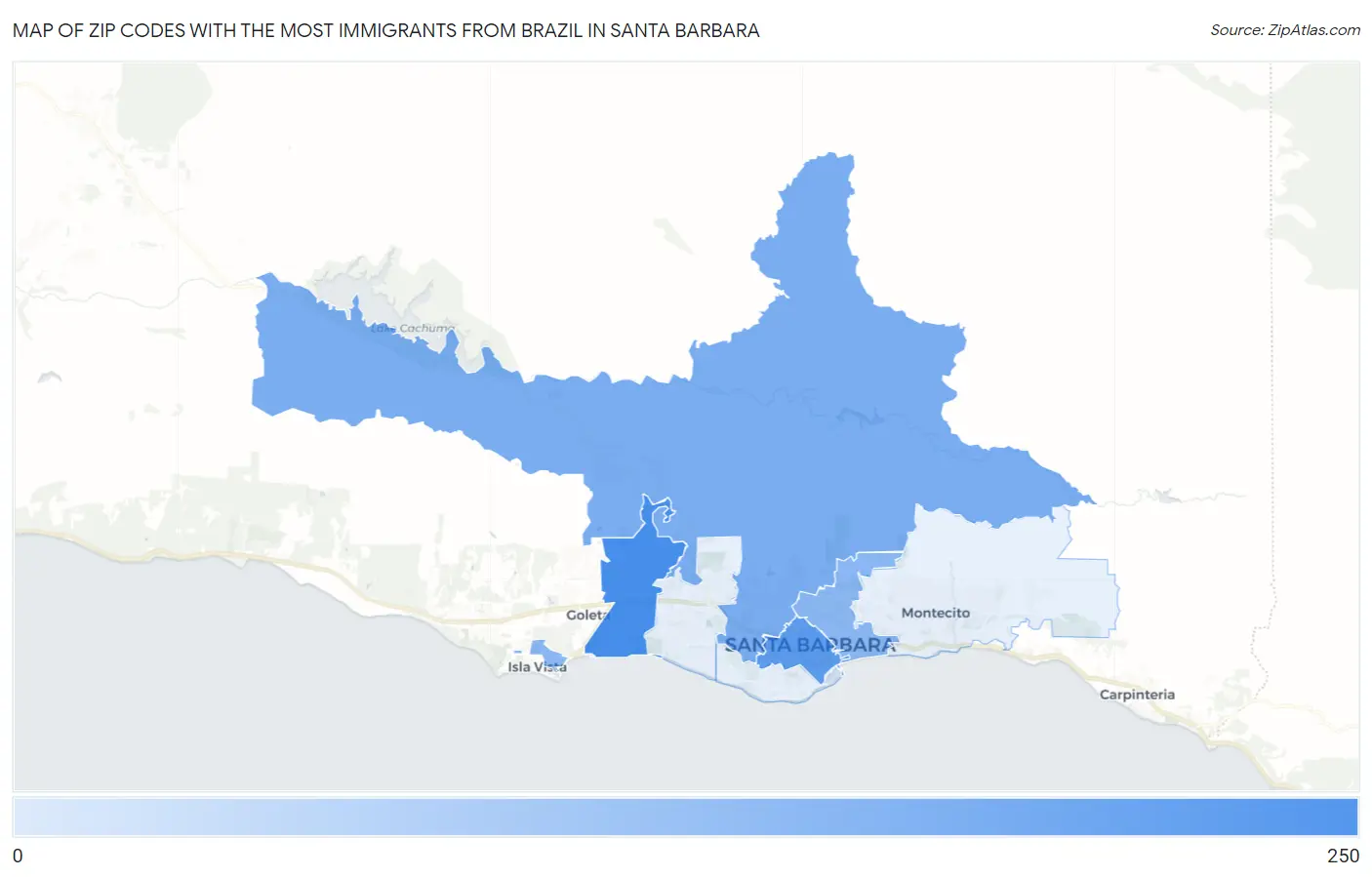 Zip Codes with the Most Immigrants from Brazil in Santa Barbara Map