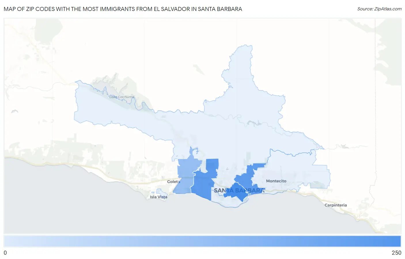 Zip Codes with the Most Immigrants from El Salvador in Santa Barbara Map