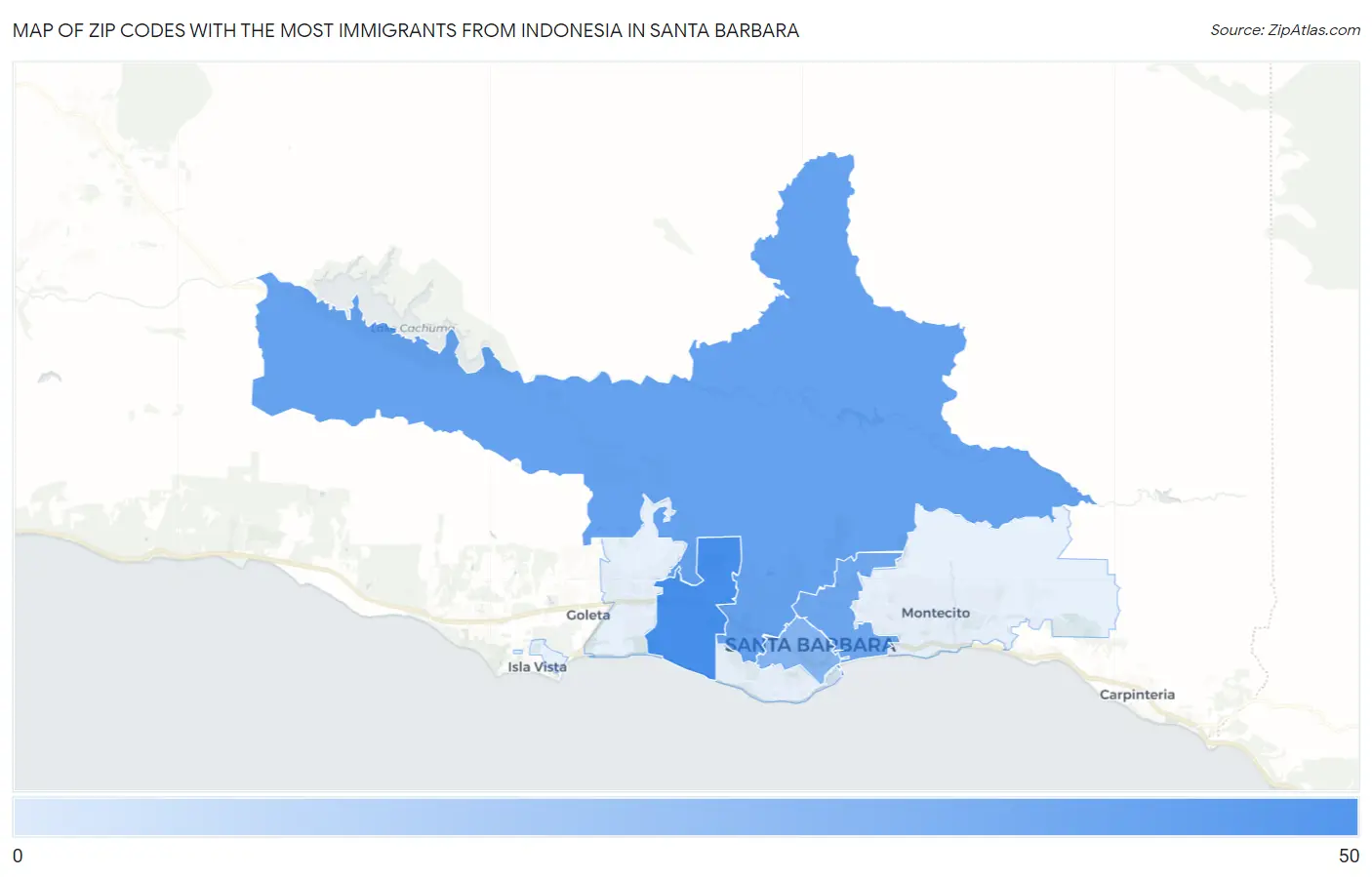 Zip Codes with the Most Immigrants from Indonesia in Santa Barbara Map
