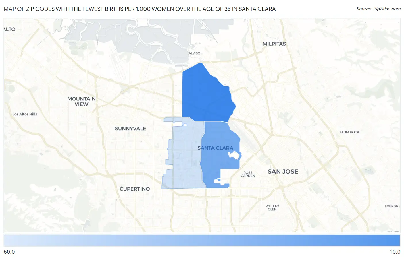 Zip Codes with the Fewest Births per 1,000 Women Over the Age of 35 in Santa Clara Map