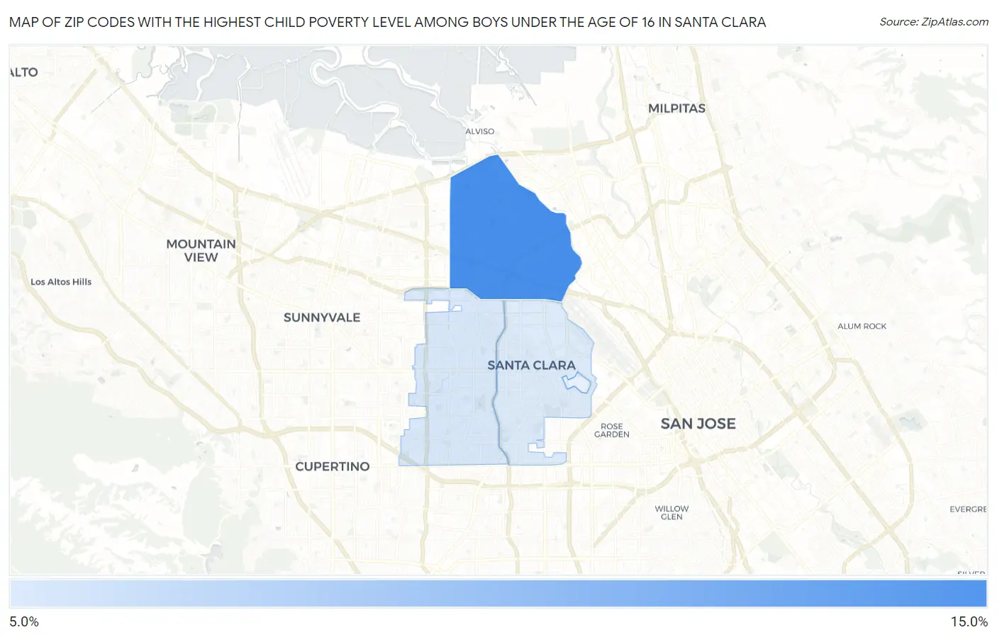 Zip Codes with the Highest Child Poverty Level Among Boys Under the Age of 16 in Santa Clara Map