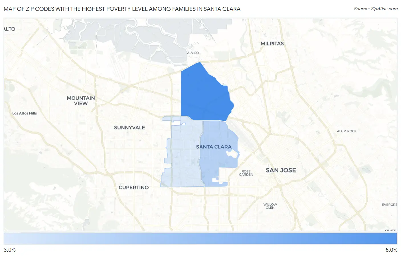 Zip Codes with the Highest Poverty Level Among Families in Santa Clara Map
