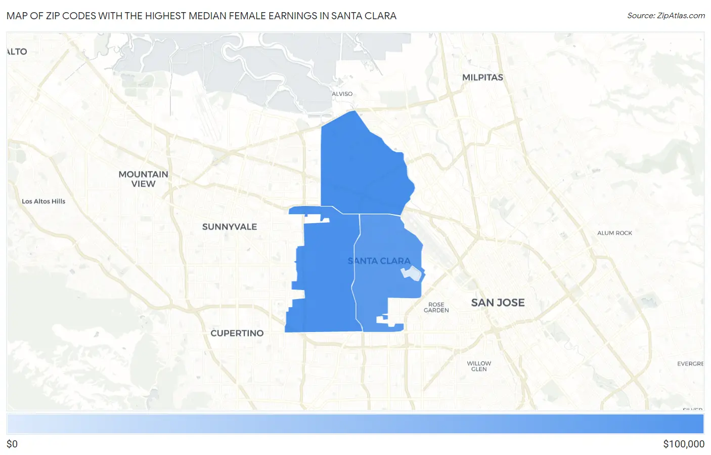 Zip Codes with the Highest Median Female Earnings in Santa Clara Map