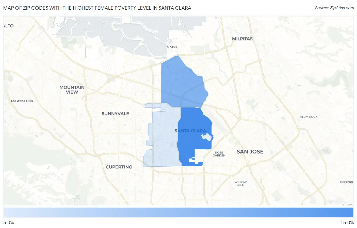 Zip Codes with the Highest Female Poverty Level in Santa Clara Map