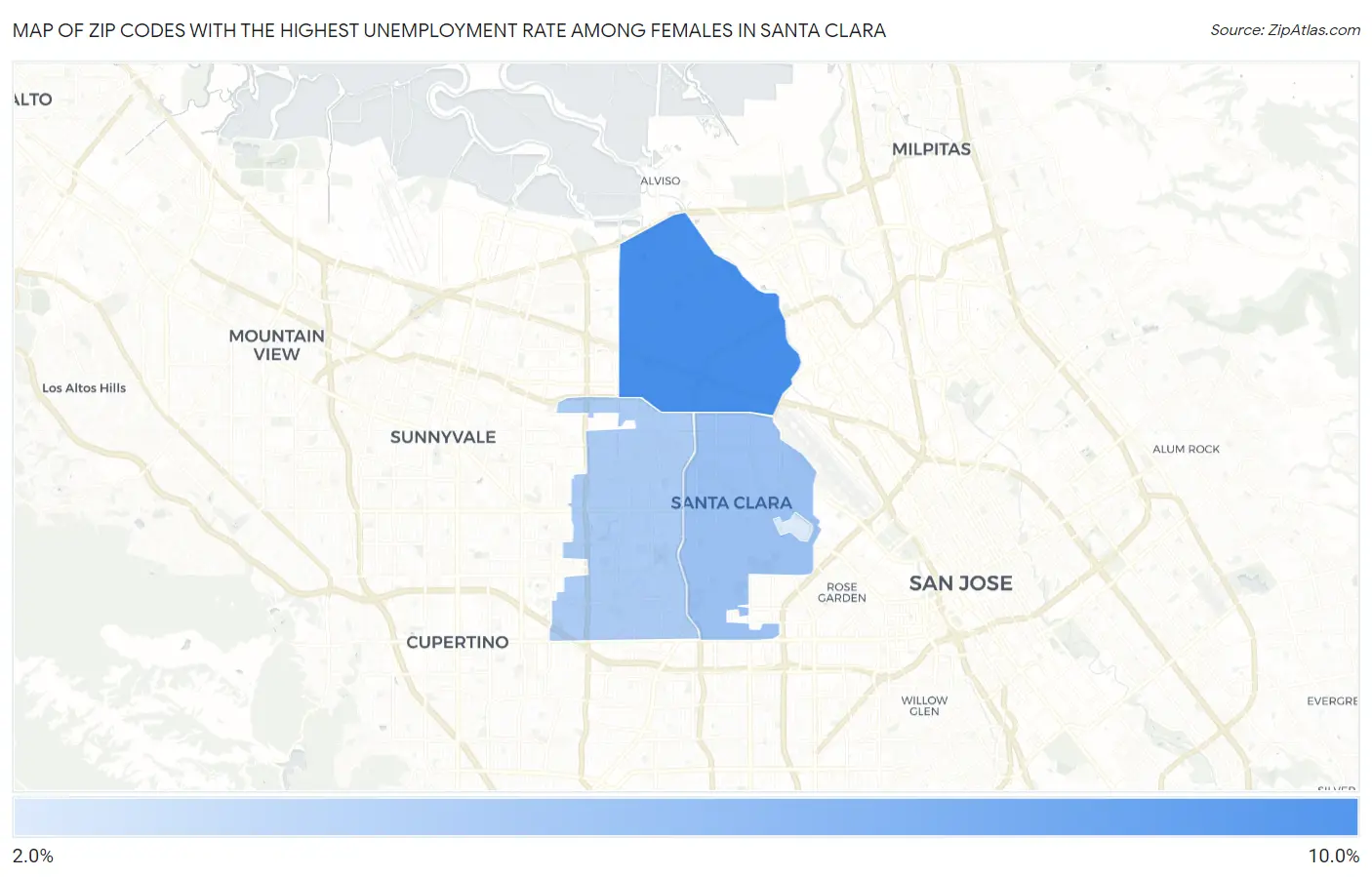 Zip Codes with the Highest Unemployment Rate Among Females in Santa Clara Map