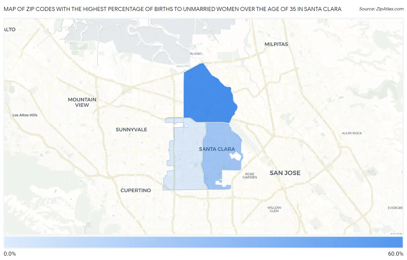 Zip Codes with the Highest Percentage of Births to Unmarried Women over the Age of 35 in Santa Clara Map