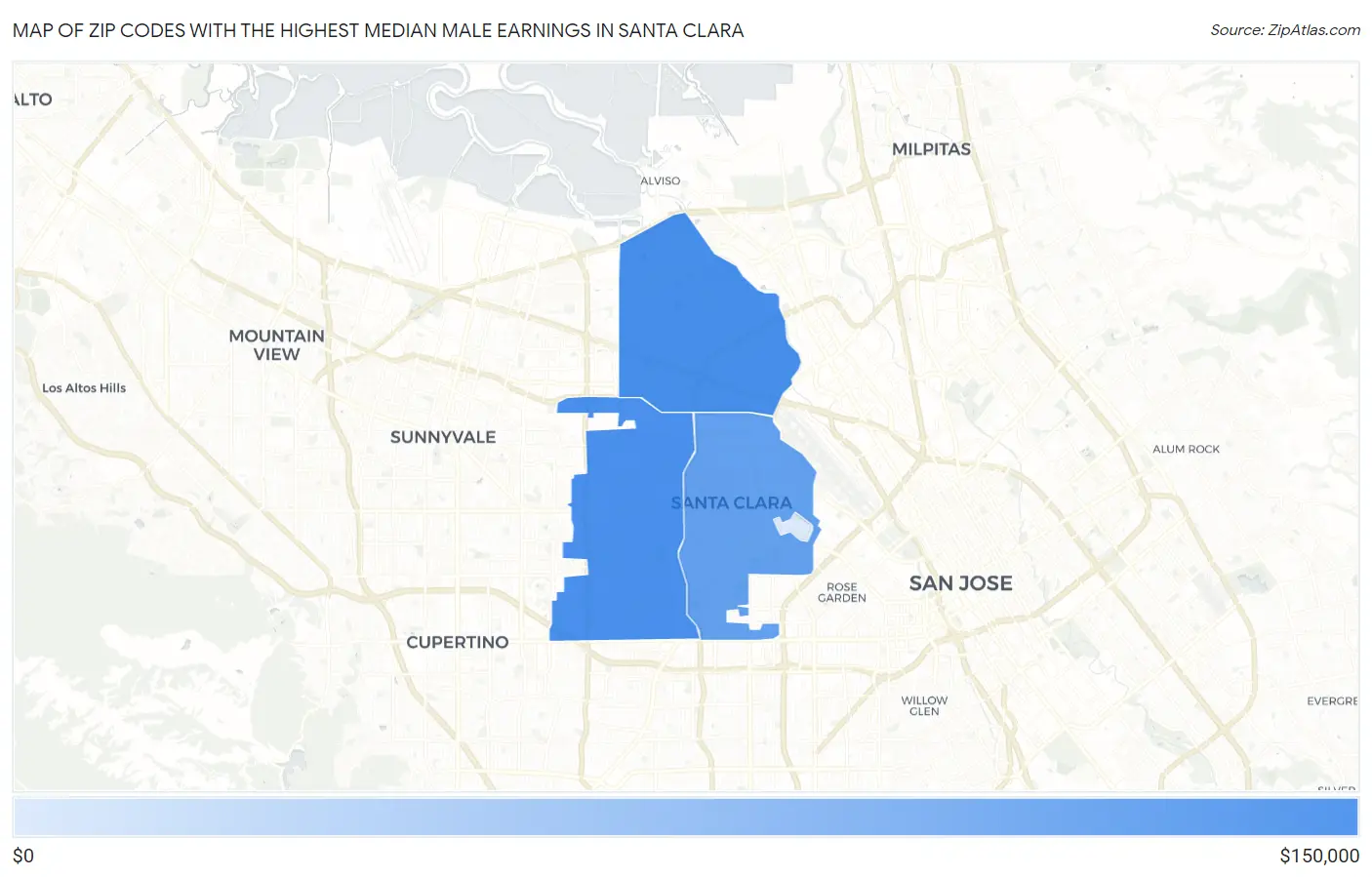 Zip Codes with the Highest Median Male Earnings in Santa Clara Map