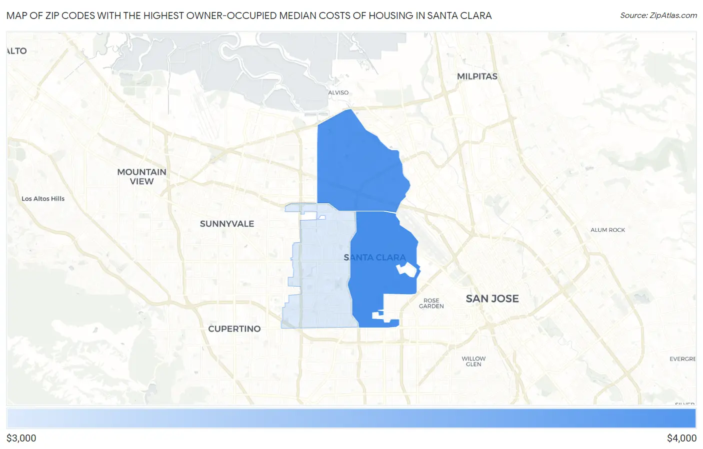 Zip Codes with the Highest Owner-Occupied Median Costs of Housing in Santa Clara Map