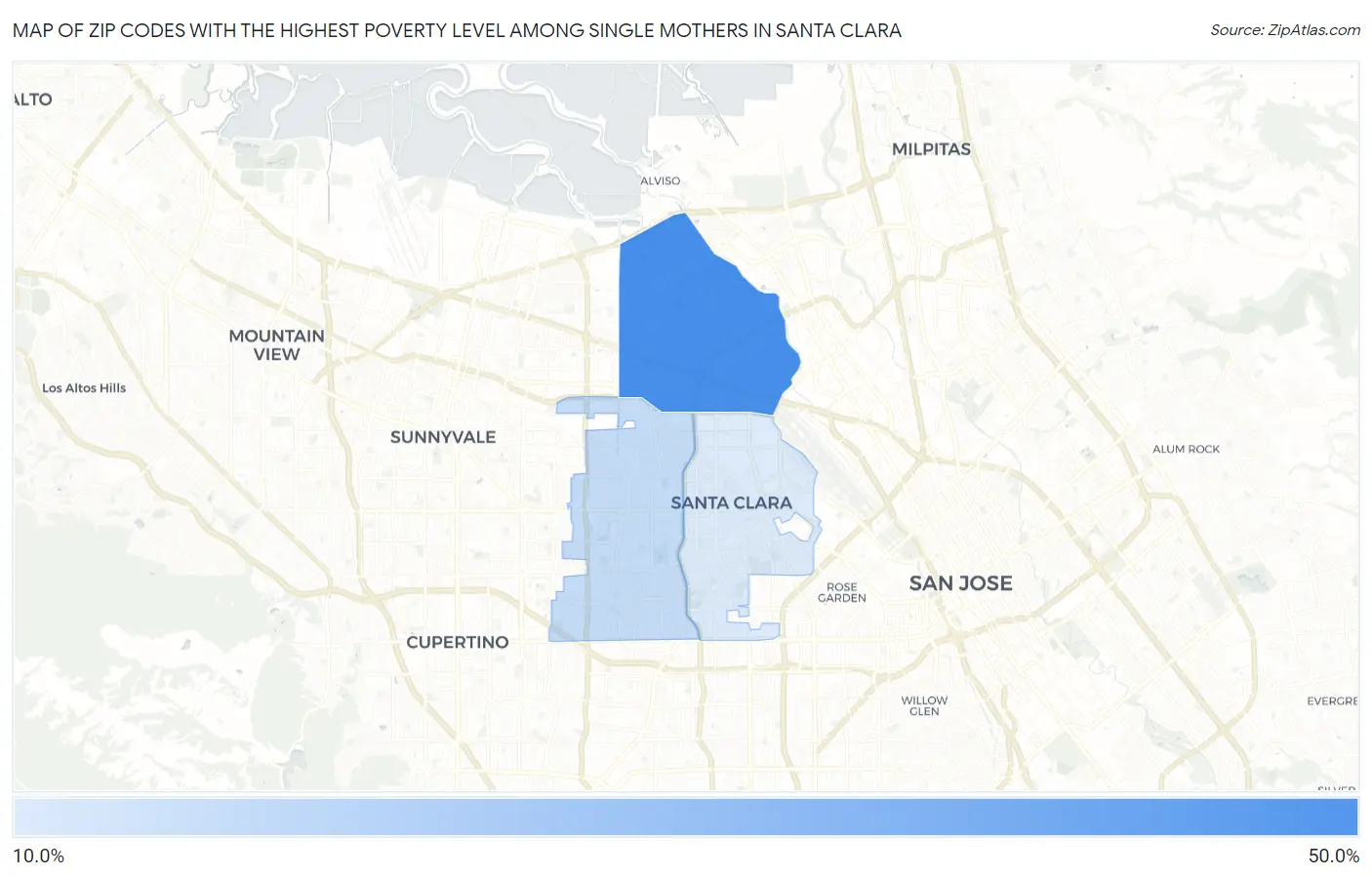 Zip Codes with the Highest Poverty Level Among Single Mothers in Santa Clara Map
