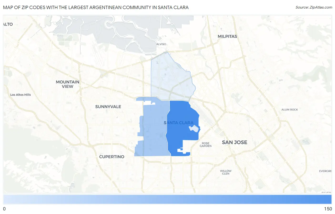 Zip Codes with the Largest Argentinean Community in Santa Clara Map