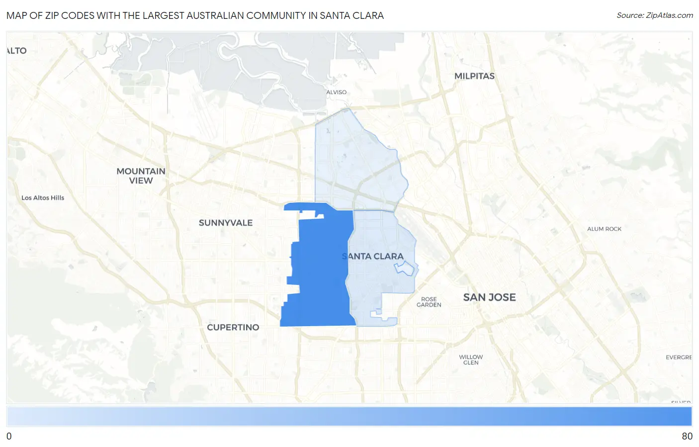 Zip Codes with the Largest Australian Community in Santa Clara Map