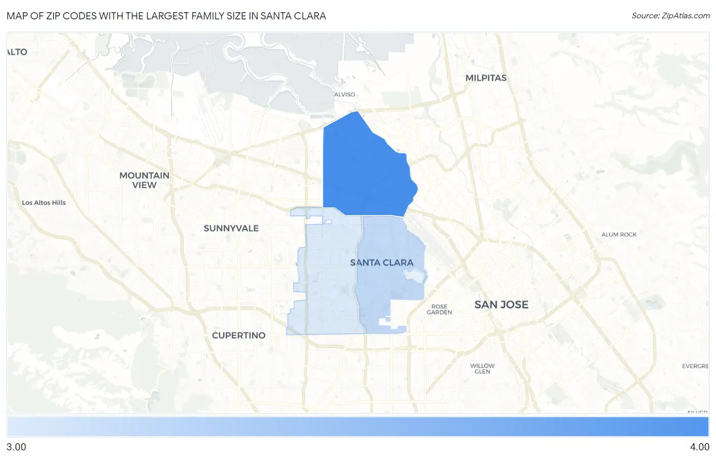 Zip Codes with the Largest Family Size in Santa Clara Map