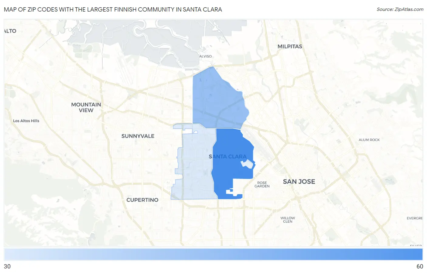 Zip Codes with the Largest Finnish Community in Santa Clara Map
