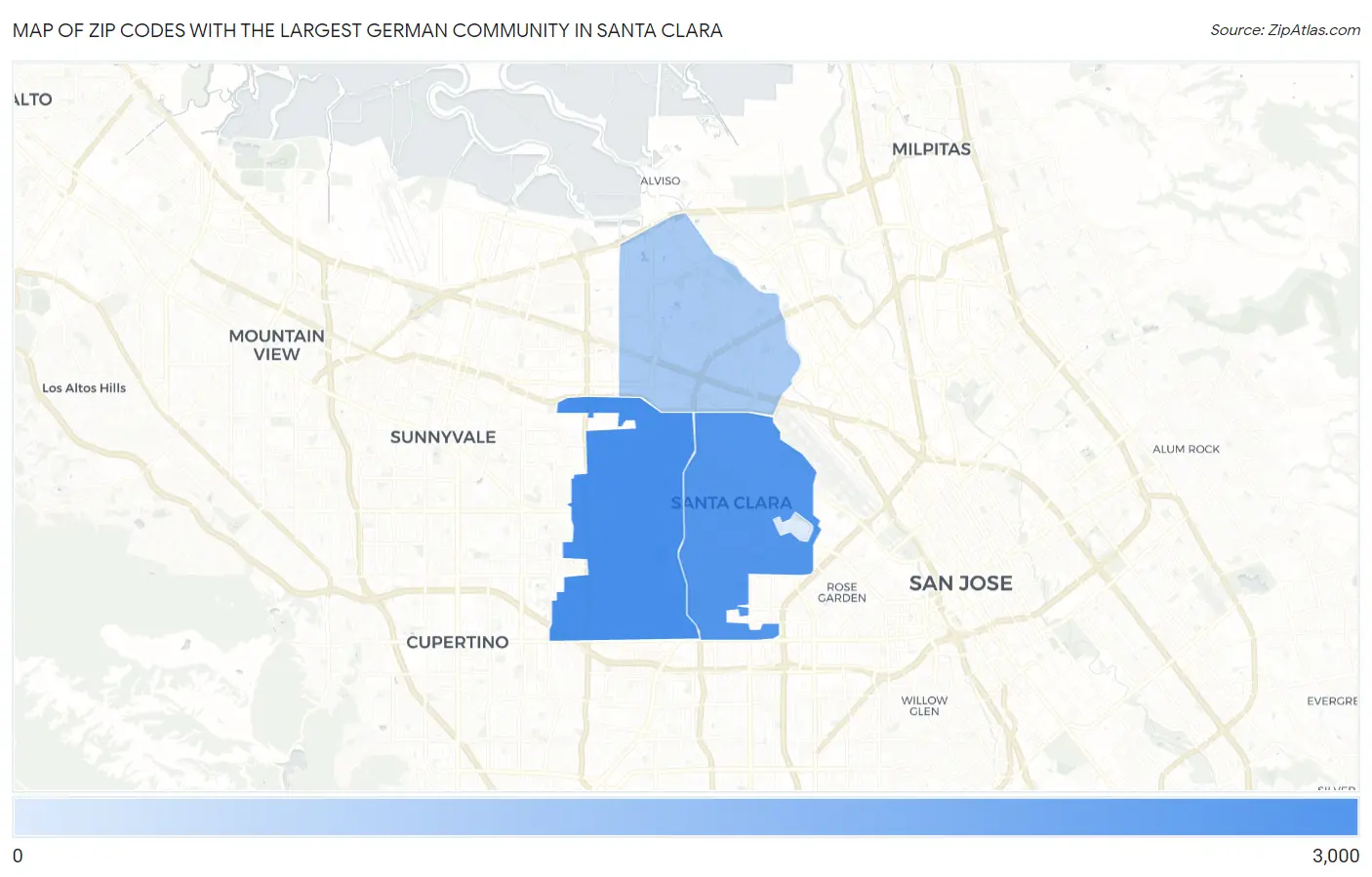 Zip Codes with the Largest German Community in Santa Clara Map