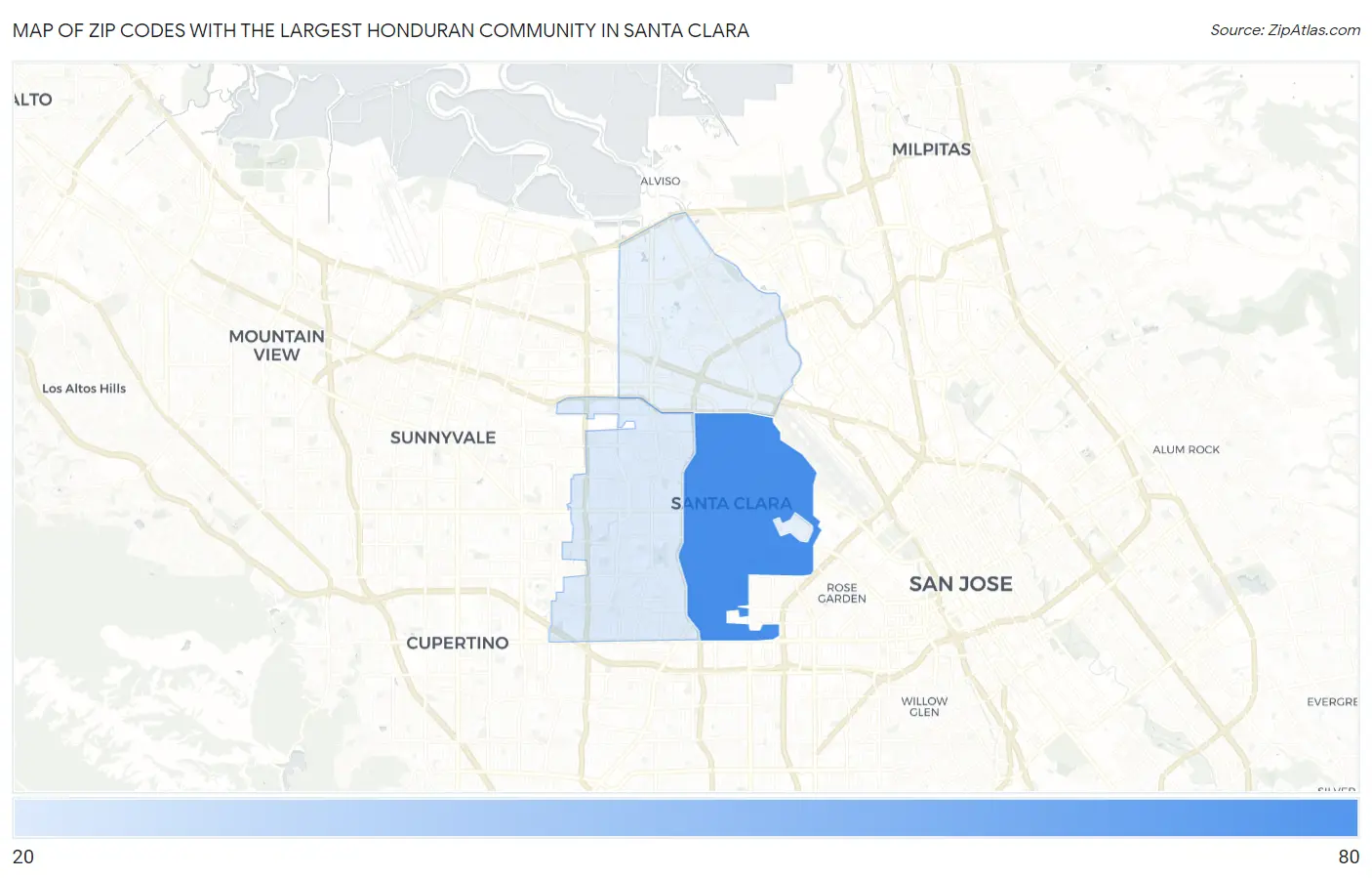 Zip Codes with the Largest Honduran Community in Santa Clara Map