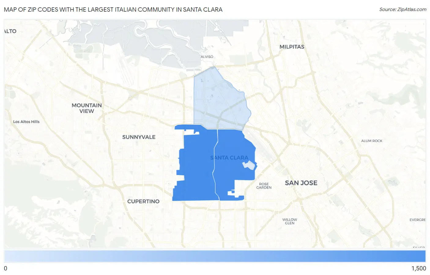 Zip Codes with the Largest Italian Community in Santa Clara Map
